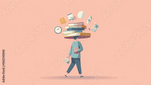 Minimalist vector illustration of a person balancing books and a briefcase while walking, symbolizing education and work-life balance