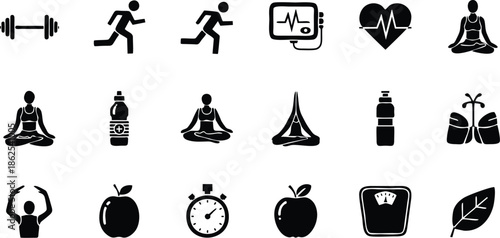 Wellness and Fitness Black Icon Set with Yoga, Meditation, Health and Lifestyle Symbols
