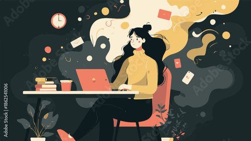 Creative Freelancer Working Remotely on Laptop Surrounded by Abstract Ideas and Home Office Elements