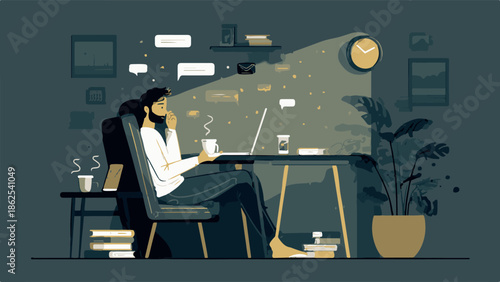 Creative individual engrossed in deep thought, working on a laptop in a modern flat design office setting, with abstract communication bubbles and problem-solving concepts