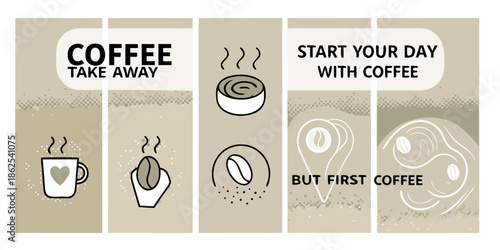 Coffee themed illustration with takeaway message and brewing process elements