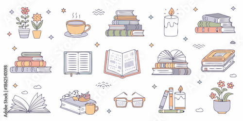 A cozy collection of books flowers a warm drink and reading accessories