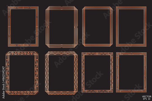 Premium copper geometric frames are isolated on black background. Luxury copper borders for invitations, luxury templates, and decorative patterns. 3D vector illustration.