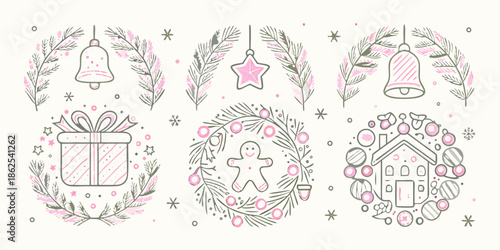 Festive christmas illustrations featuring wreaths bells gingerbread and gift boxes