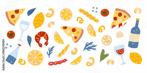 A colorful collection of italian food items pizza pasta seafood and citrus