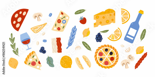 A colorful assortment of italian food and ingredients on a white background
