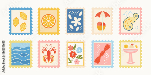 Collection of colorful postage stamps featuring various summer themed illustrations