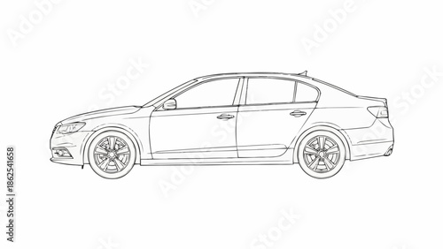Detailed Line Art Illustration of a Modern Sedan Car.
