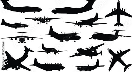 Military transport aircraft silhouettes set, cargo planes and tactical airplanes isolated on white background for aviation defense design projects illustration