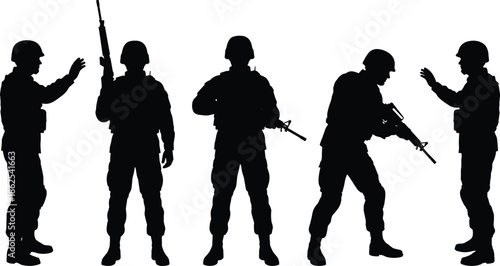 Military soldier silhouettes communicating with rifles, armed infantry teamwork poses, tactical combat concept isolated on white background illustration design