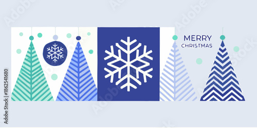 Festive christmas graphic featuring trees snowflake and a cheerful merry christmas message