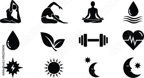 Wellness and Fitness Black Icon Set with Yoga, Meditation, Health and Lifestyle Symbols