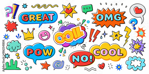 Colorful cartoon speech bubbles and star shapes expressing excitement and various emotions