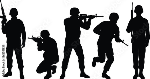 Military soldier silhouettes aiming and moving with rifles isolated on white background tactical combat army vector illustration set
