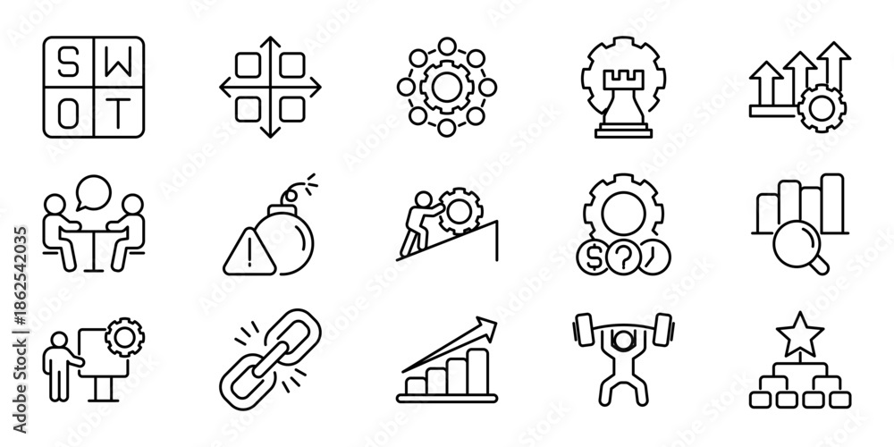 Fototapeta premium Icon sheet of business strategy icons SWOT, growth, teamwork, and problem-solving concepts