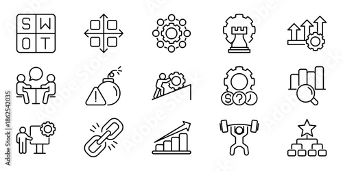 Icon sheet of business strategy icons SWOT, growth, teamwork, and problem-solving concepts