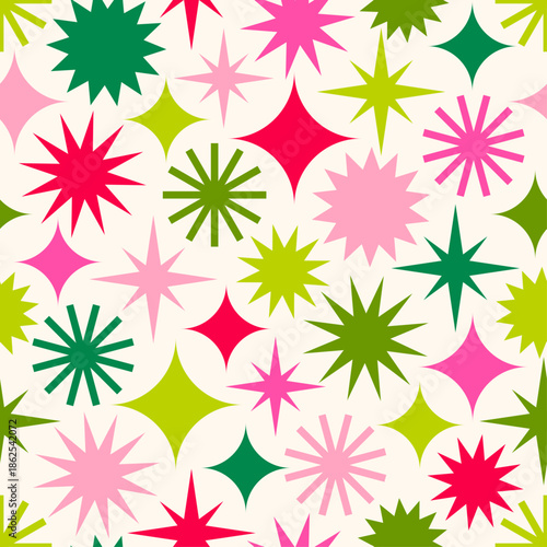 Colorful geometric star seamless pattern design for Christmas and new year celebration background.