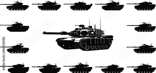 Modern battle tank silhouettes set, armored military combat vehicles isolated on white background for defense warfare design projects illustration