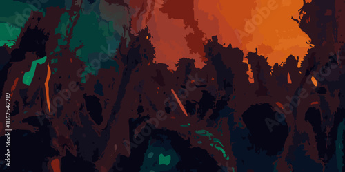 Abstract expressionism with vibrant colors a blend of teal orange and dark shades