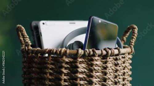 Hand placing a smartphone into a wicker basket filled with various mobile devices and tablets. Concept of digital detox, social media break, and technology disconnection for mental wellness.