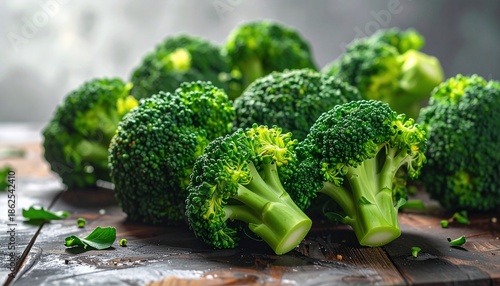 Close-up of fresh broccoli florets on a rustic wooden surface, with blurred background