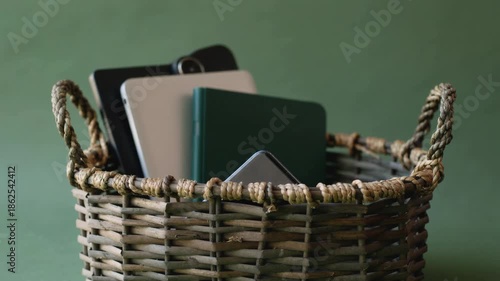Hand placing a smartphone into a wicker basket filled with various mobile devices and tablets. Concept of digital detox, social media break, and technology disconnection for mental wellness.