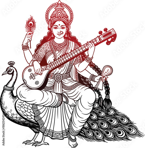 Red gradient line art of Hindu Goddess Saraswati sitting on peacock and playing Veena musical instrument, cad drawing flat vector illustration, religious spiritual artwork