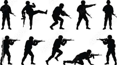 Military soldier silhouettes in combat poses isolated on white background tactical infantry action illustration vector set for defense security design