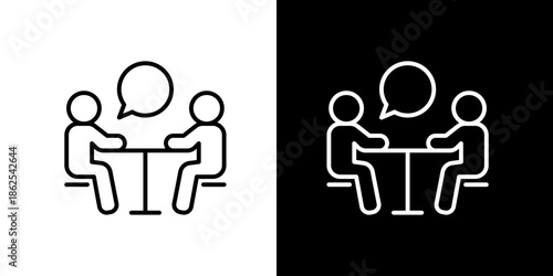 Minimalist line art icon representing a professional meeting or interview, with two people at a table in a collaborative discussion, symbolizing communication and dialogue