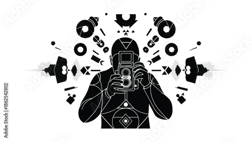 Creative photographer capturing moments with vintage camera amidst abstract geometric shapes