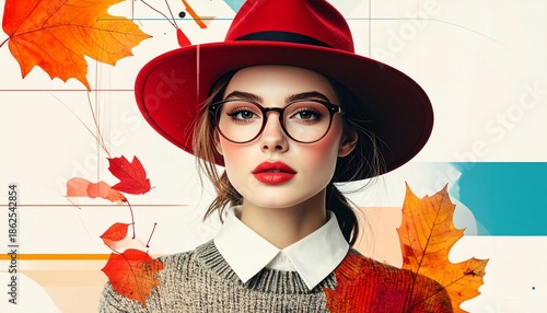 Portrait of woman in red hat & glasses, with autumn leaves and white collar
