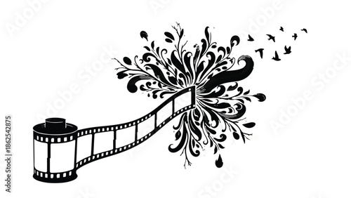 Artistic film reel explodes into a flourish of creative energy and flying birds