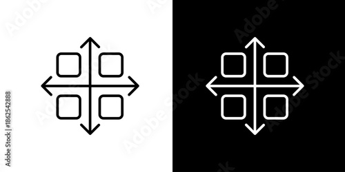 Single icon of modern UI element depicting flexible content movement and window resizing functionality with central square and directional arrows