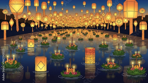 A serene and peaceful nighttime scene with numerous glowing lanterns floating on a tranquil body of water surrounded by lush greenery and vibrant flowers under a dark