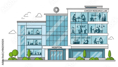 Modern hospital and cancer research laboratory building with people working inside, a medical facility for healthcare and scientific study with science