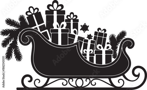 A festive black and white illustration of a sleigh filled with gifts and surrounded by foliage viewed from the side
