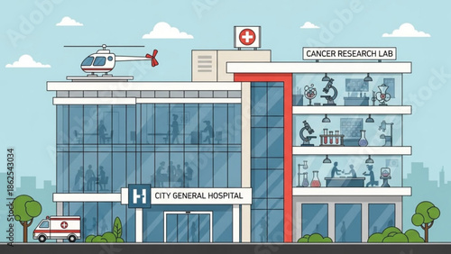 City general hospital building with cancer research lab, helicopter on roof and ambulance in front, medical facility with blue windows and red accents, sunny day