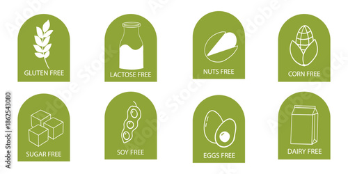 Set allergen free ingredients. Gluten free products warning symbols. Lactose, gluten, sugar, corn, egg, trans fat, soy, nut icon, dietary food badge. Minimal line organic design. Sign or stamp.