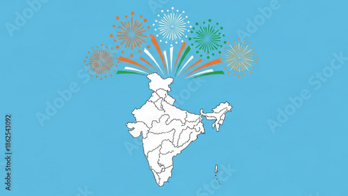 India map with colorful fireworks on independence day or republic day, celebrating national pride and patriotism with vibrant orange, white and green sparks