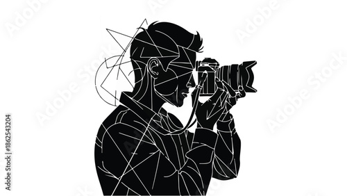 Creative individual capturing a moment with a professional camera, visualized with abstract lines