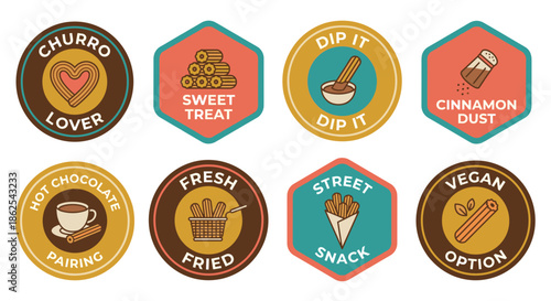Set of colorful churro vector badges and stickers featuring sweet spanish dessert designs with text labels like lover, cinnamon dust, and fresh fried for food packaging or menu branding.