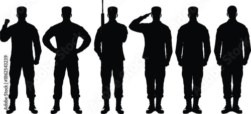 Military soldier silhouettes standing set, uniformed army men poses isolated on white background vector illustration modern minimal design flat style