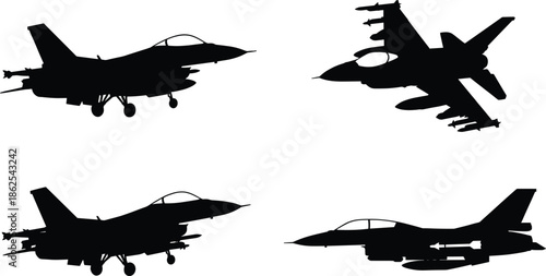 Modern fighter jet silhouettes set, military combat aircraft in multiple views isolated on white background for aviation defense design projects