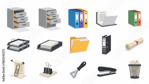 Office Supplies and Organization Icons - Filing Cabinets, Binders, and Desk Accessories.