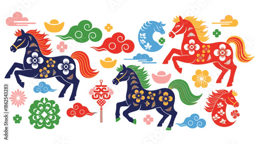 Chinese New Year Horses and Traditional Ornaments Set.