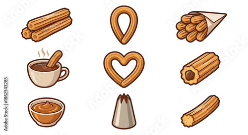 Collection of isolated churro vector icons and illustrations showing fried dough pastry in various shapes like heart, loop, and stack with chocolate dip and piping nozzle for bakery menu.