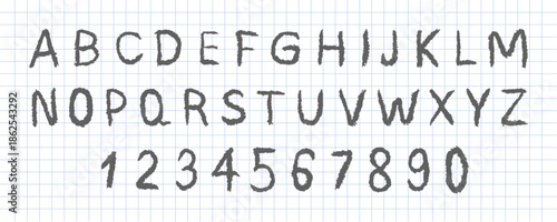 English alphabet. Childlike crayon font. Funky chalk texture for playful designs or for school and kindergarten learning. Vector illustration.