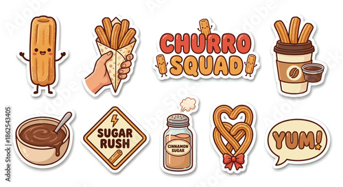Cute cartoon churro vector sticker pack featuring kawaii character funny typography sugar rush sign and chocolate dip for messaging and planner decoration
