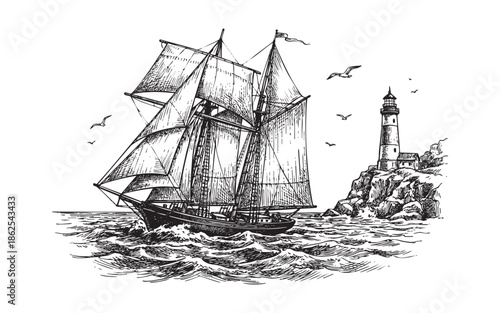 Vintage Sailing Ship and Lighthouse Illustration