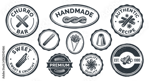 Vintage monochrome churro vector badges and labels set for bakery branding featuring retro typography authentic recipe stamps and sweet dessert emblems